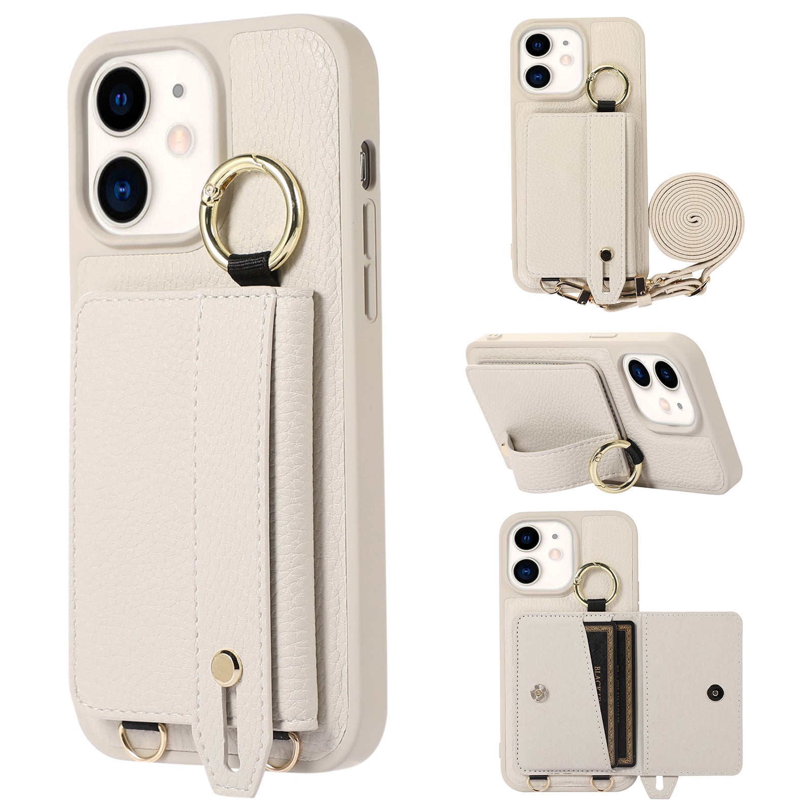 Fall-proof Cover for iPhone 11 6.1 inch Card Holder Hand Strap Leather TPU Phone Kickstand Case with Shoulder Strap Fall-proof Cover for iPhone 11 6.1 inch Card Holder Hand Strap Leather TPU Phone Kickstand Case with Shoulder Strap